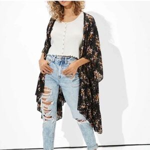 American Eagle Outfitters Black and Orange Patterned Kimono
